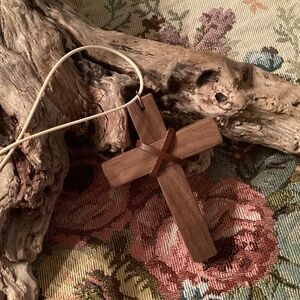 Handmade Walnut Wood Cross w/ Leather Necklace 24"+